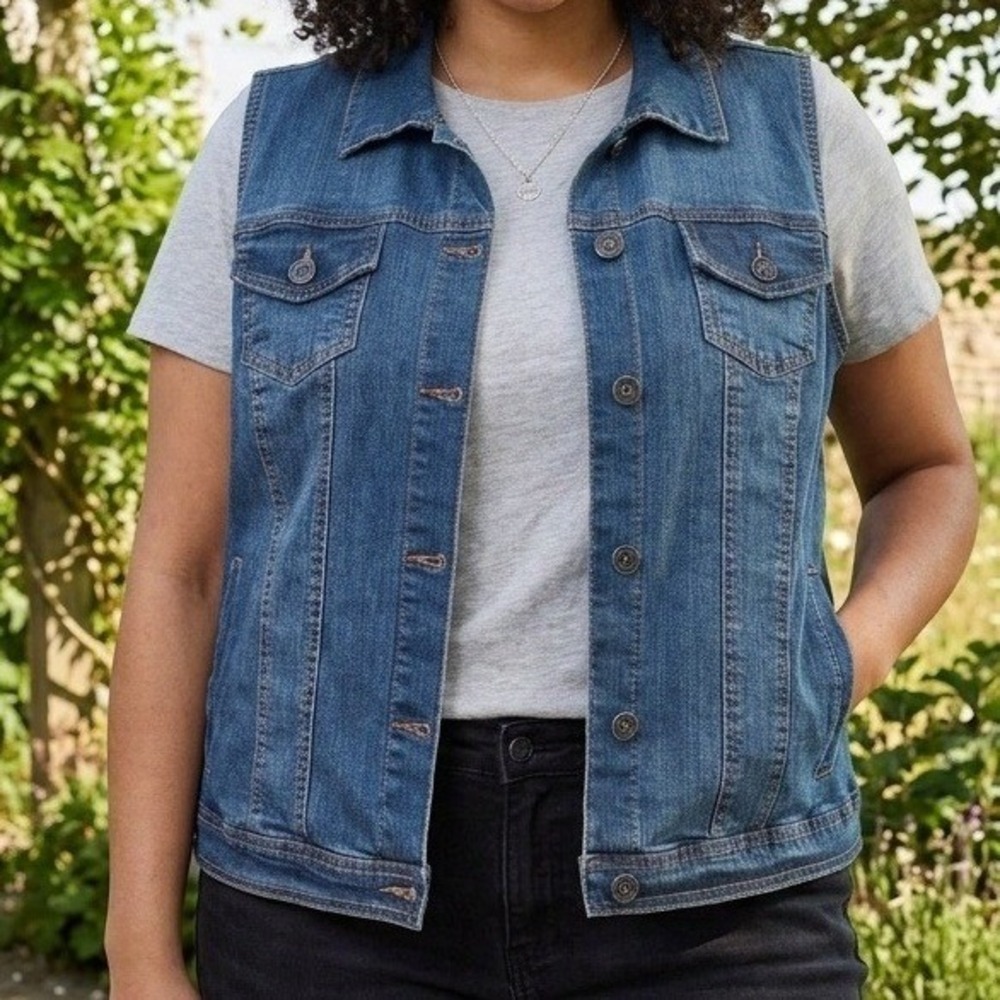 New Look Womens Blue Denim Vest Button Front Sleeveless Trucker Jacket 2X